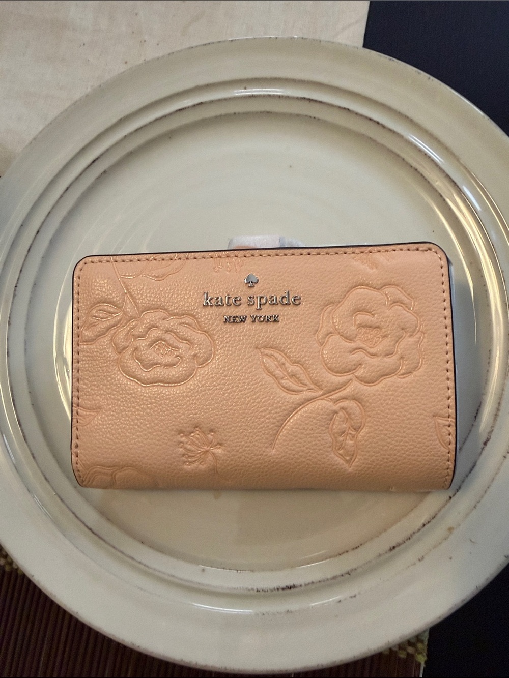 Kate Spade Peach Embossed Floral Zip Wallet